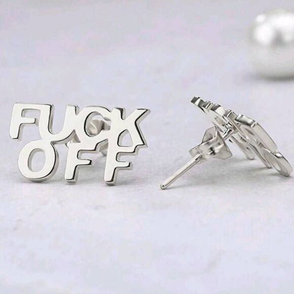 New, Punk Style Silver F**K O** Fashion Letter Stud Earrings - Picture 3 of 4